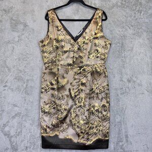 Tahari Dress Womens 16 Gold Black Metallic Jacquard V Neck Sleeveless Sheath